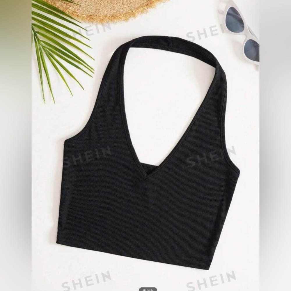 Black V-Neck solid rib knot halter crop top